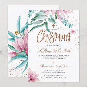 Invitation Baptême floral élégant aquarelle croisée