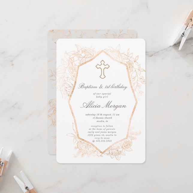 Invitation Baptême Floral Élégant Or Premier Anniversaire (Devant/Arrière en situation)