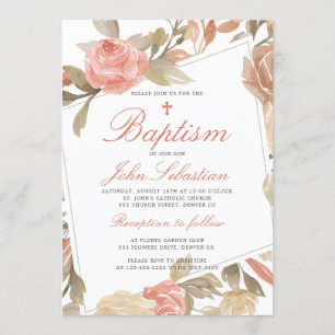 Invitation Baptême Floral Élégant Rose Aquarelle