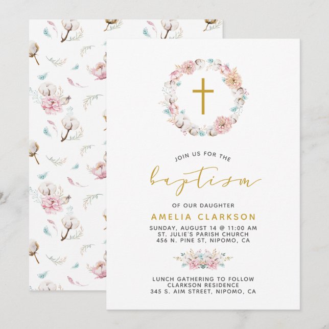 Invitation Baptême floral et coton (Devant / Derrière)