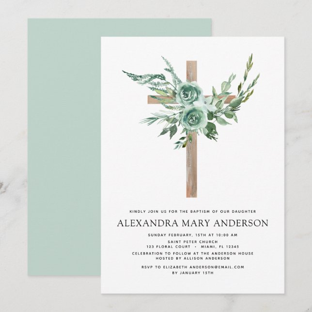 Invitation Baptême Floral Eucalyptus Vert (Devant / Derrière)