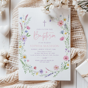 Invitation Baptême Floral Fleur Sauvage Pastel