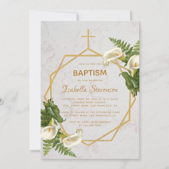 Invitation Baptême Floral Marbre Or Calla Lilies Géométrique (Devant)