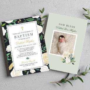 Invitation Baptême Floral Noir Vert et Or Baptême Bébé Fille