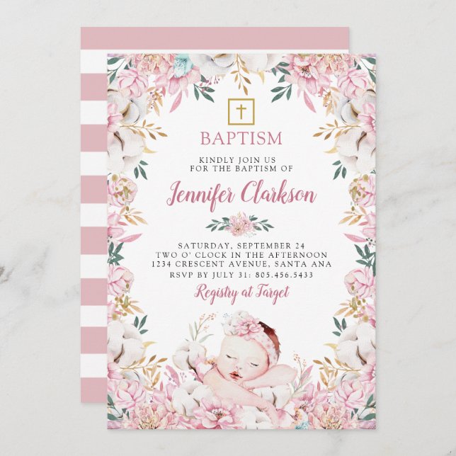 Invitation Baptême floral nouveau-né (Devant / Derrière)