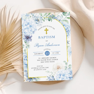 Invitation Baptême floral or bleu poussiéreux