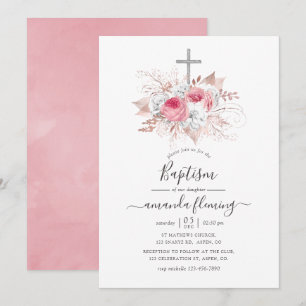 Invitation Baptême floral or rose et or rose