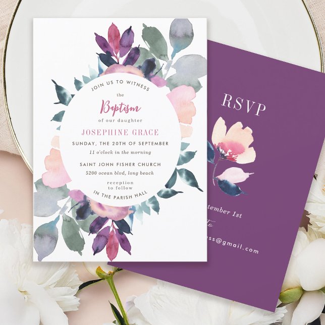 Invitation Baptême floral pourpre moderne (Créateur téléchargé)