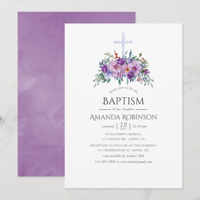 Invitation Baptême floral pourpre ou baptême (Devant / Derrière)
