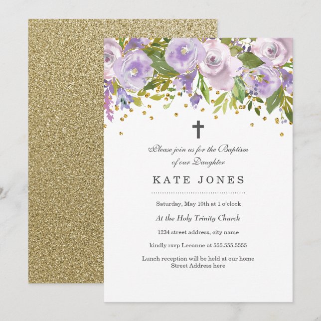 Invitation Baptême Floral Purple (Devant / Derrière)
