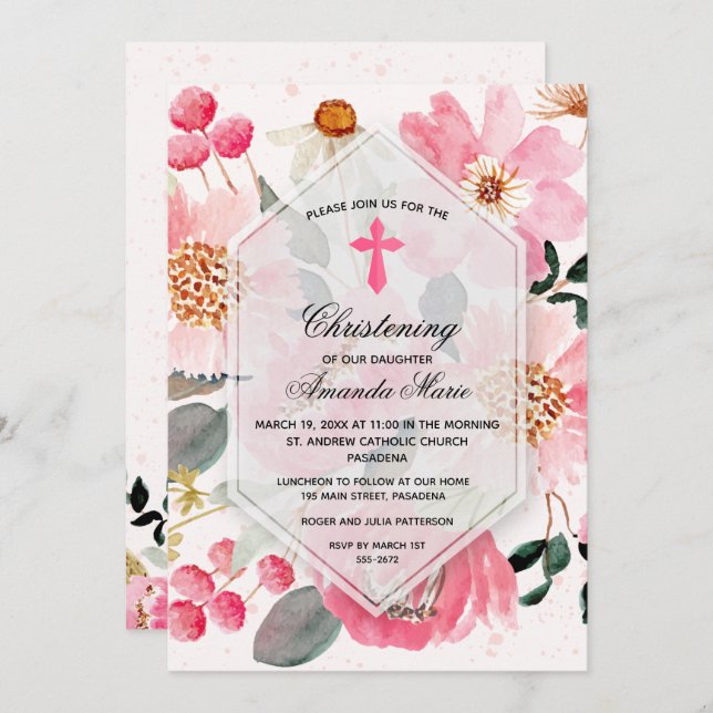 Invitation Baptême Floral Rose Aquarelle (Devant / Derrière)