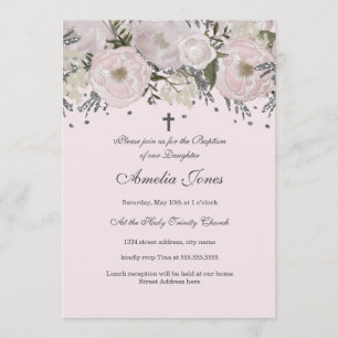 Invitation Baptême Floral Rose Argent Plutôt Brut
