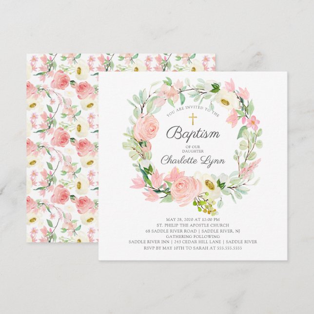 Invitation Baptême floral rose chic et élégant (Devant / Derrière)
