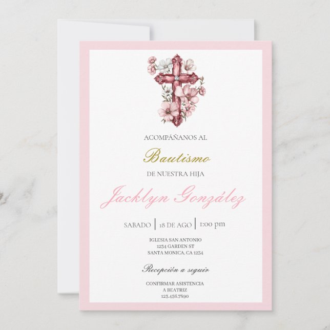 Invitation Baptême floral rose clair (Devant)