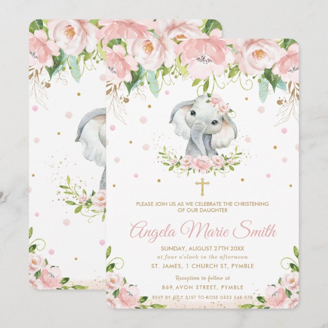 Invitation Baptême floral rose éléphant (Devant / Derrière)