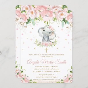 Invitation Baptême floral rose éléphant