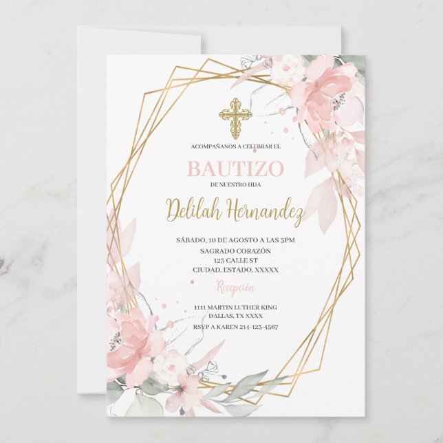 Invitation Baptême floral rose espagnol (Devant)