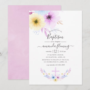 Invitation Baptême floral rose et bleu pastel