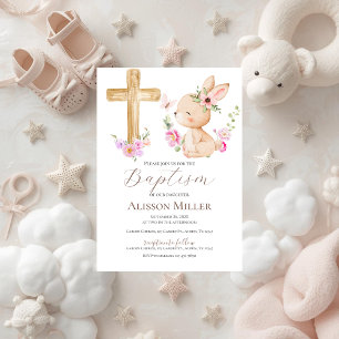 Invitation Baptême floral rose et lapin 