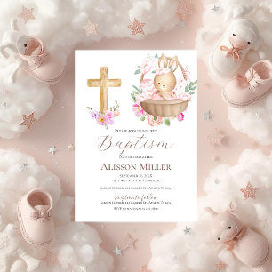 Invitation Baptême floral rose et lapin 