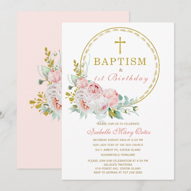 Invitation Baptême floral rose et premier Invi d'anniversaire (Devant / Derrière)