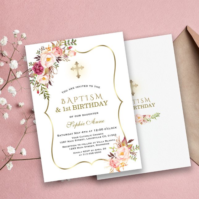 Invitation Baptême Floral Rose Or tendance Premier anniversai (baptism 1st birthday invitation, gold pink floral baptism, trendy pink gold baptism invitation)
