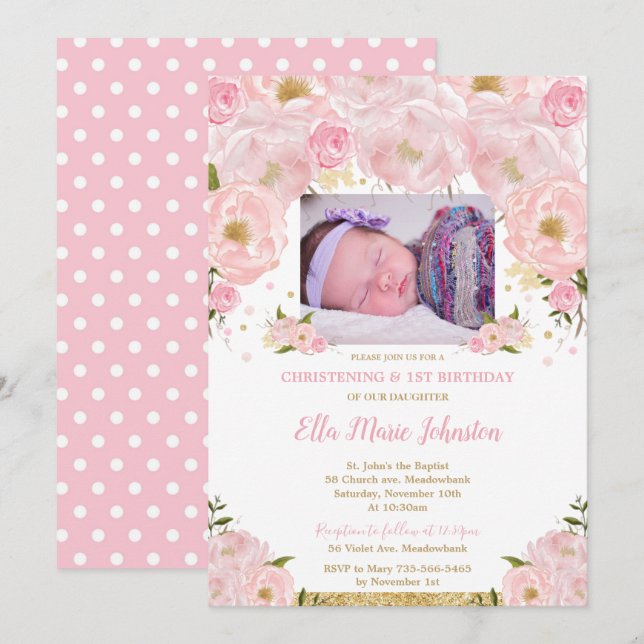 Invitation Baptême floral rose pâle 1er anniversaire de la fê (Devant / Derrière)