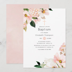 Invitation Baptême floral rose pastel aquarelle
