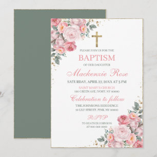 Invitation Baptême Floral Rose Poudré et Or Élégant
