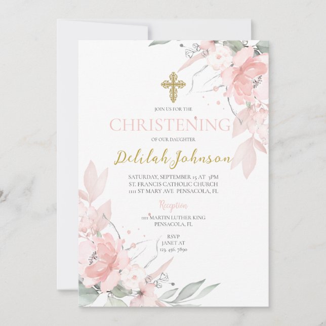 Invitation Baptême floral rose pour fille (Devant)