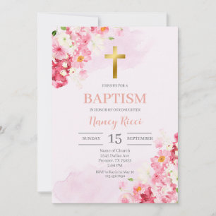 Invitation Baptême floral rose pour fille