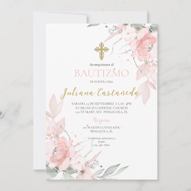 Invitation Baptême floral rose roux en espanol (Devant)