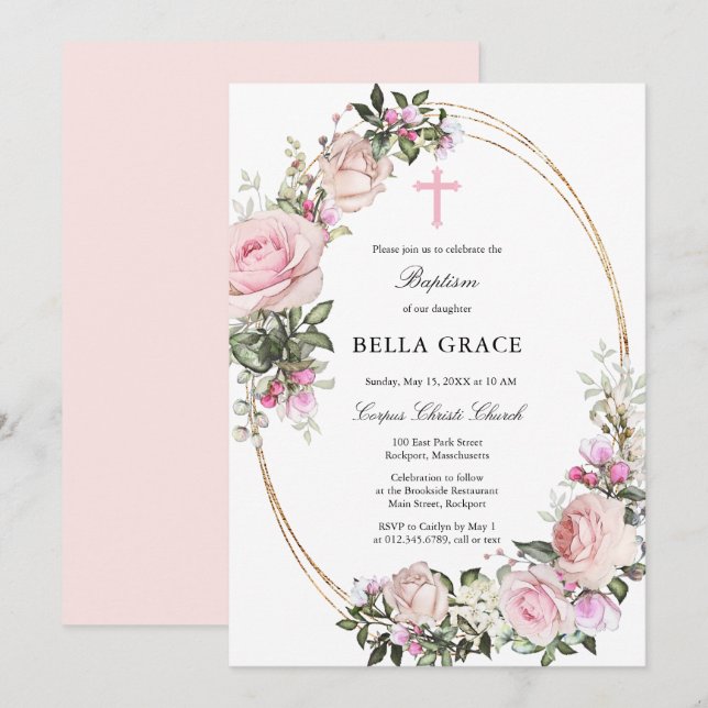 Invitation Baptême floral rose rustique (Devant / Derrière)