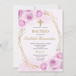 Invitation Baptême floral rose vif espagnol