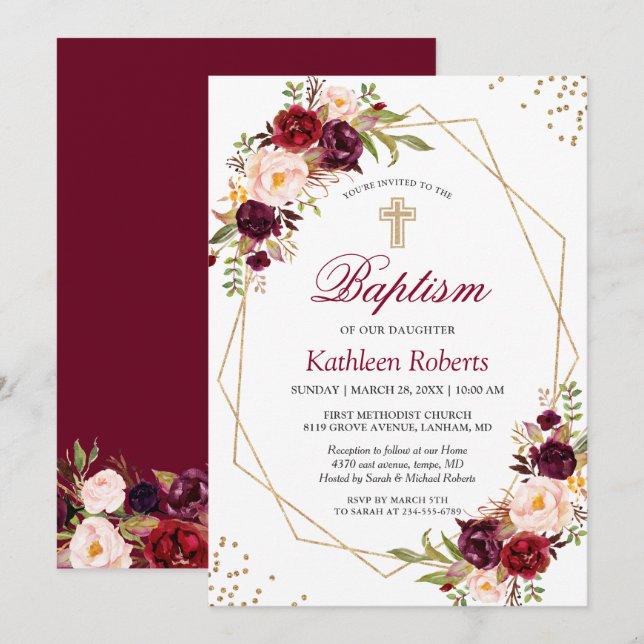 Invitation Baptême floral rouge brun Burgundy Baptême (Devant / Derrière)