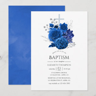 Invitation Baptême floral royal bleu et argent