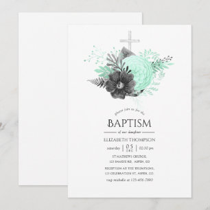 Invitation Baptême Floral Rustique Aqua et Charbon