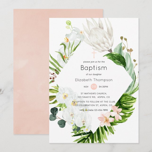 Invitation Baptême floral tropical luxuriant Paradis (Devant / Derrière)