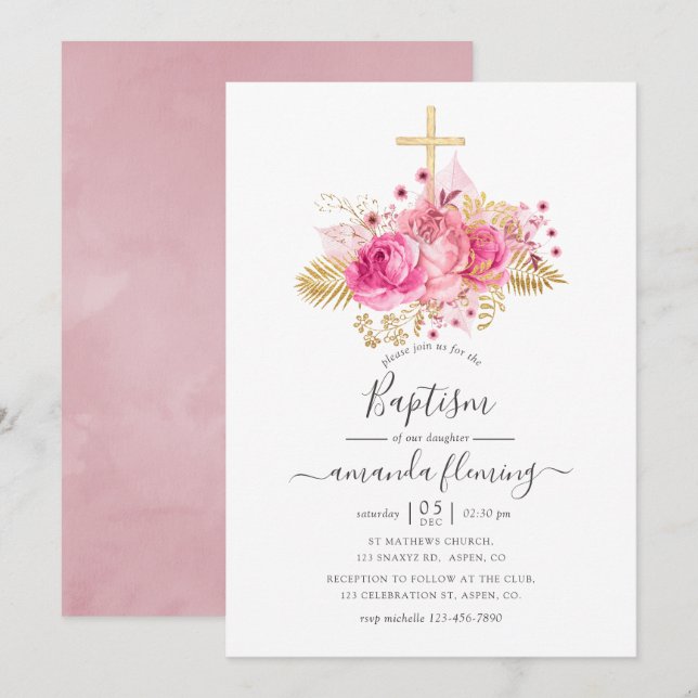 Invitation Baptême floral tropical rose et or (Devant / Derrière)