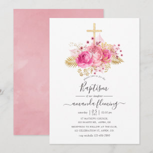 Invitation Baptême floral tropical rose et or