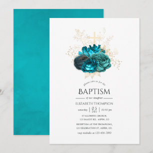 Invitation Baptême floral turquoise et or