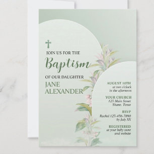 Invitation Baptême Floral Vert Pastel Élégant