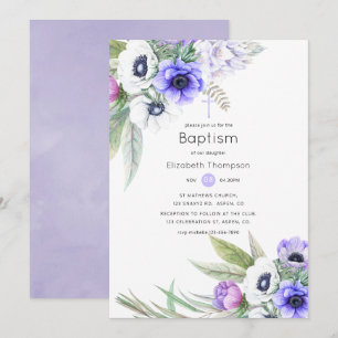 Invitation Baptême floral violet pastel et prune