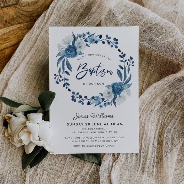 Invitation Baptême florale bleu marine (Créateur téléchargé)