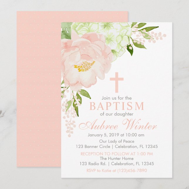 Invitation Baptême florale de printemps rose et menthe (Devant / Derrière)