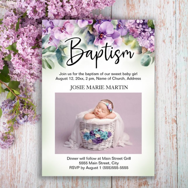 Invitation Baptême florale pourpre Baptême Christening Photo (Elegant purple floral baby baptism/christening invitation personalized with a photo.)
