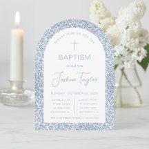 Baptême Garçon Arche Bleu Blanc Motif Floral Vinta
