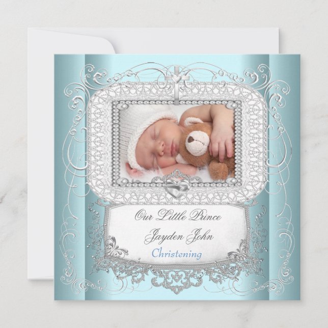 Invitation Baptême Garçon Bleu Christening Baptême Croix Prin (Devant)