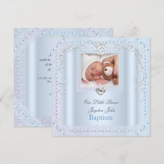 Invitation Baptême Garçon Bleu Christening Croix Prince (Devant / Derrière)
