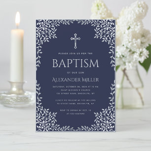 Invitation Baptême garçon bleu marine vintage faux feuilles a